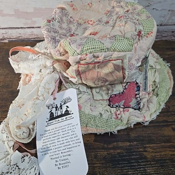 OOAK Magnolia Boho Quilt Top Hat Indie Upcycled Frida Bird Vtg Cat Adjusts L-S - Picture 11 of 14